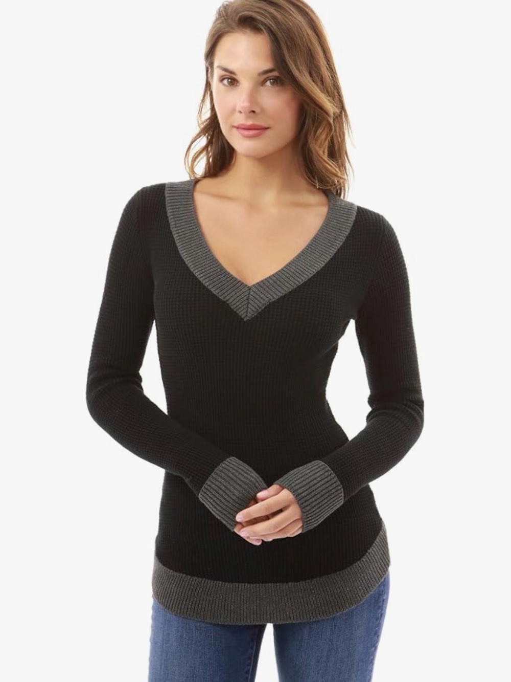 PattyBoutik Black V-Neck Ribbed Sweater with Gray Trim